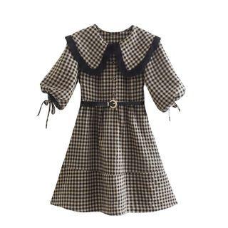Balloon-sleeve Collar Plaid Mini A-line Dress