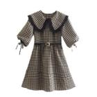 Balloon-sleeve Collar Plaid Mini A-line Dress