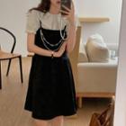 Short-sleeve Collared Blouse / Mini A-line Overall Dress