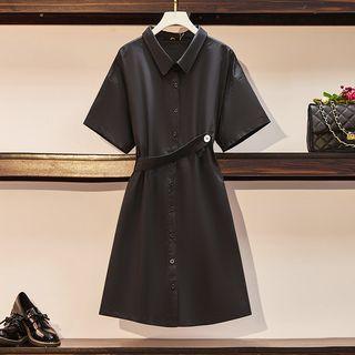Short Sleeve Plain Belted Shirtdress