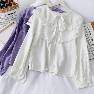 Patchwork Tie-neckline Plain Blouse