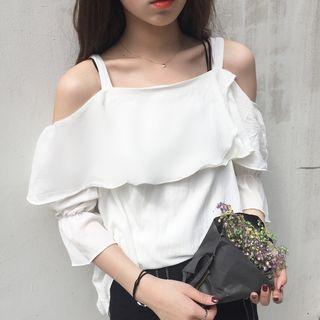 Plain Cut Out Shoulder 3/4 Sleeve Ruffle Trim Top