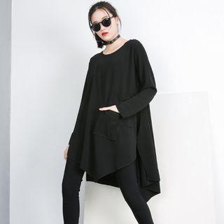 Long-sleeve Asymmetric Hem Oversized T-shirt Black - One Size