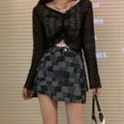 Long-sleeve Lace Top / Plaid Skort