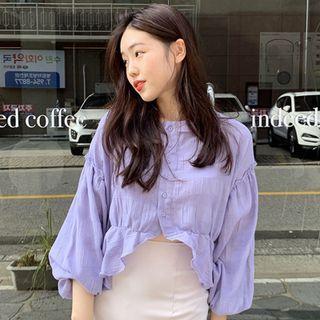 Lantern Sleeve Asymmetrical Hem Cropped Shirt Light Violet - One Size