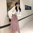 Turtleneck Sweater / Feather-accent Midi A-line Skirt