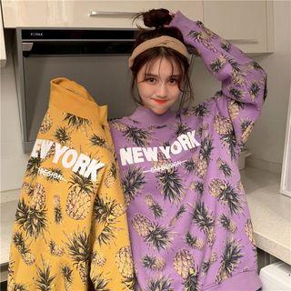 Mock Neck Lettering Pineapple Print Sweatshirt