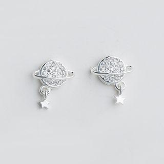 925 Sterling Silver Rhinestone Planet Dangle Earring 1 Pair - As Shown In Figure - One Size