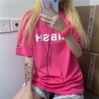 Lettering Short-sleeve Round Neck T-shirt Pink - One Size