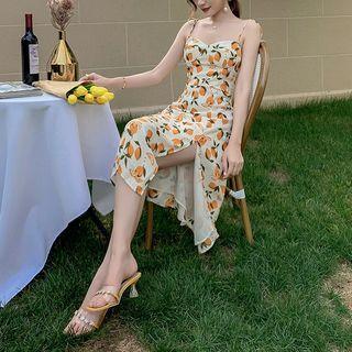 Spaghetti Strap Lemon Print Slit Midi A-line Dress