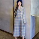 Double-breasted Plaid Long-sleeve A-line Dress As Shown In Figure - One Size