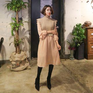 Set: Mock-neck Pleated-hem Dress + Frilled-detail Knit Vest