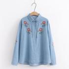 Long-sleeve Floral Embroidered Shirt Denim Blue - One Size