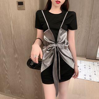 Mock Two-piece Short-sleeve Bow Mini Sheath Dress