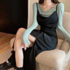 Set: Long-sleeve V-neck Knit Top + Spaghetti Strap Midi Sheath Dress