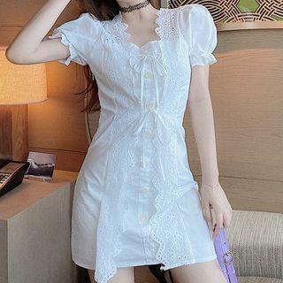 Short-sleeve Eyelet Lace Tie-front Mini Sheath Dress