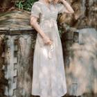 Short-sleeve Lace Trim Drawstring Midi A-line Dress
