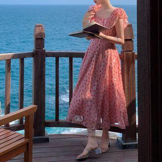 Short-sleeve Ruffled Floral Print Midi A-line Dress / Cold-shoulder Blouse