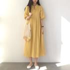 Short-sleeve Collared A-line Midi Dress Yellow - One Size
