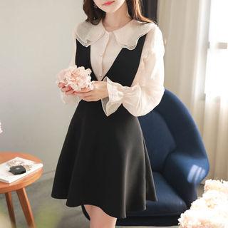 Plunge-neck Flared Mini Pinafore Dress
