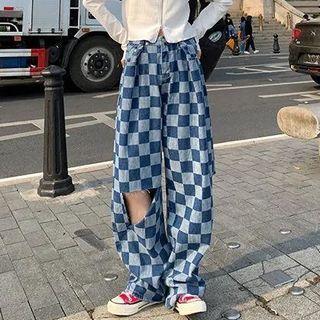 High Waist Checkered Distressed Wide Leg Jeans