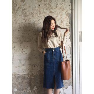 Button-detail Slit-front Denim Midi Skirt