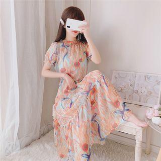 Print Puff-sleeve Round-neck Dress As Shown In Figure - One Size