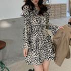 Long-sleeve Leopard Print Mini A-line Chiffon Dress