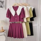 Set: Short-sleeve Peter-pan Collar Top + High-waist Plain Pleated Skirt