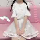 Lace Trim Short-sleeve T-shirt / Embroidered Mesh A-line Skirt