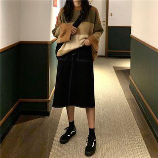 Stripe Sweater / Midi A-line Denim Skirt