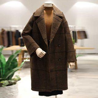 Plaid Double-breasted Coat Padded - Plaid - Tangerine - One Size