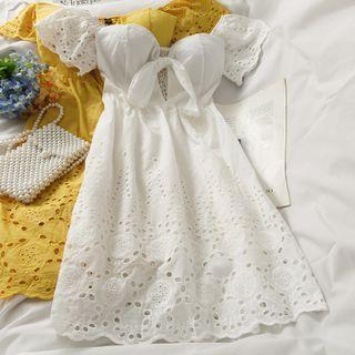 Eyelet Off-shoulder Ribbon Midi Dress