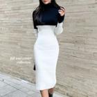 Long-sleeve Turtleneck Two-tone Knit Sheath Dress Black & White - One Size