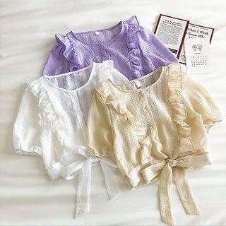 Plain Ruffled-trim Crewneck Lace-up Short-sleeve Top