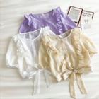 Plain Ruffled-trim Crewneck Lace-up Short-sleeve Top