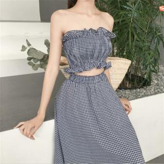 Set: Plaid Strapless Top + Maxi A-line Skirt