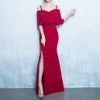 Ruffle Trim Off Shoulder Elbow Sleeve Evening Gown