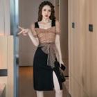 Short-sleeve Dotted Mesh Tie-waist Sheath Dress