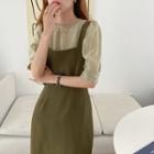 Plain Elbow-sleeve Blouse / Midi Sheath Pinafore Dress