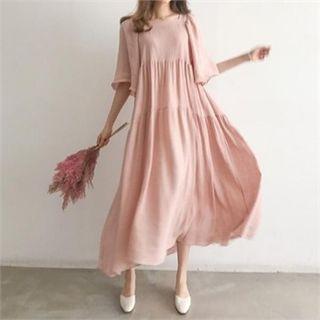 Square-neck Linen Blend Tiered Maxi Dress