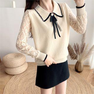 Lace Panel Long-sleeve Contrast Trim Knit Top