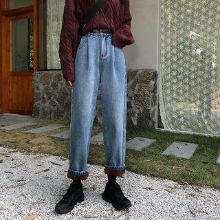 Fleece-lined Washed Straight-cut Jeans