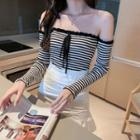 Off-shoulder Frill Trim Tie Neck Striped Knit Top