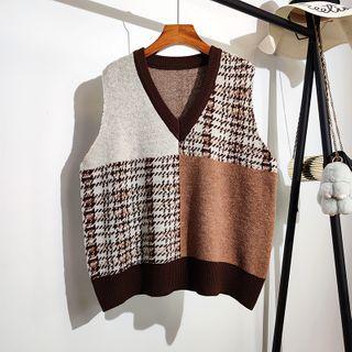 Houndstooth Color-block V-neck Panel Knit Vest