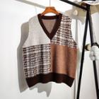 Houndstooth Color-block V-neck Panel Knit Vest