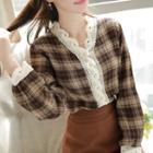 V-neck Lace-trim Plaid Blouse Brown - One Size