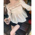 Set: Plain Camisole Top + Long-sleeve Shrug Almond - One Size