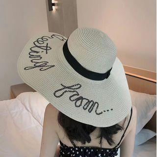 Lettering Straw Sun Hat Lettering Straw Sun Hat - Beige - One Size