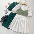 Set:puff-sleeve Plain Dress + Knit Top